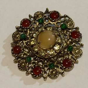 Vintage 60’s Lg Rococo Style Rhinestone, Gold, Red and Green Gemstones